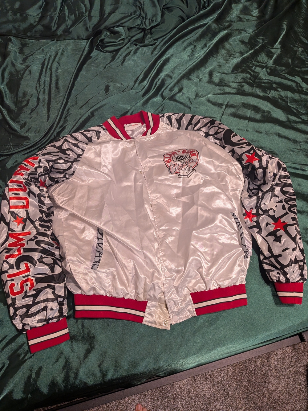 Laced up White Satin Bomber Jacket with Black Patterned Sleeves & Red Trim